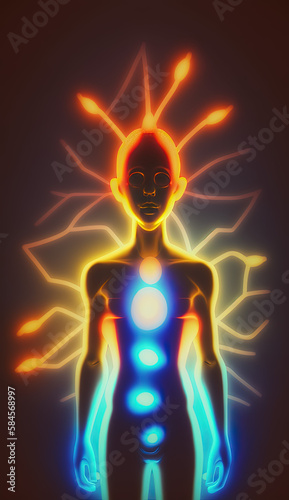 Minimalist representation of chakras in bright neon colors and diffused lighting created using generative ai