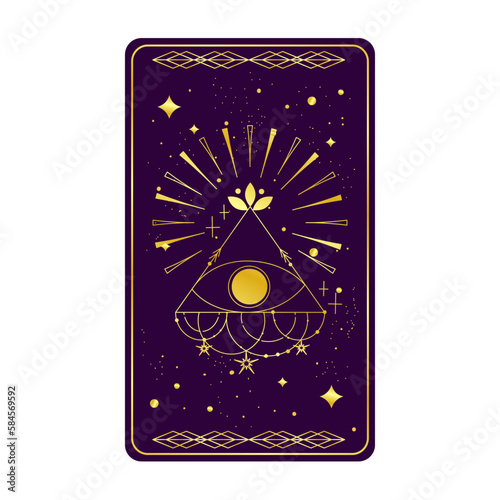 Tarot card gold with mystic eye pyramid isolated. Boho esoteric tarot card with eye and star. Vector illustration. Sacred geometry celestial triangle