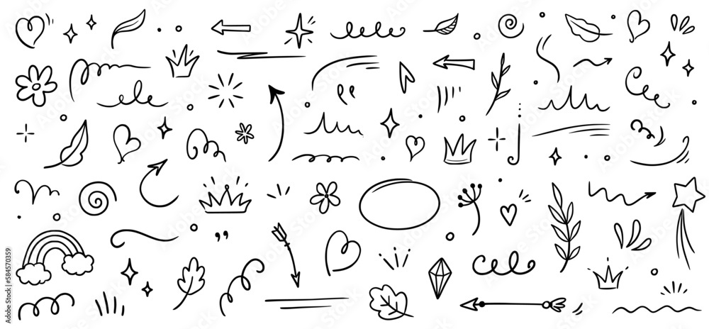 Sketch element line set. Abstract nature element decoration graphic icon set. Sketch hand drawn line element for brush, abstract decoration design. Vector illustration - obrazy, fototapety, plakaty 