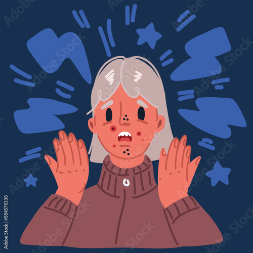 Cartoon vector illustration of Young woman hand mirror worrying about her acne on face in flat design. Pimple problem on female skin