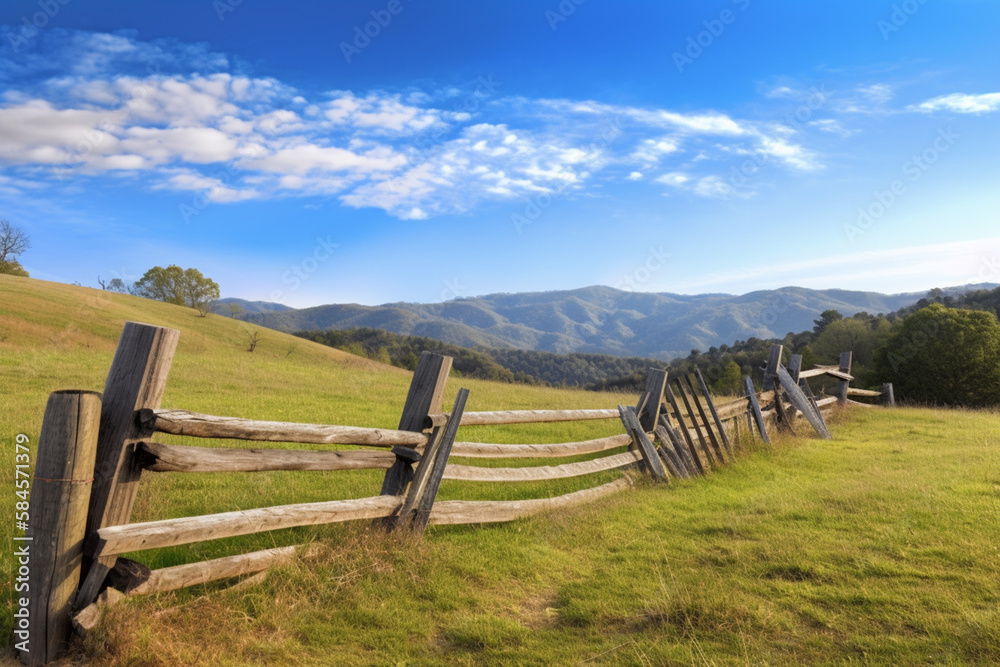 Rustic wooden fence with a backdrop of rolling hills and blue skies, generative ai