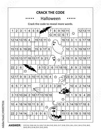 Crack the code word game, or codebreaker word puzzle, with various Halloween related words and phrases. Answer included.
