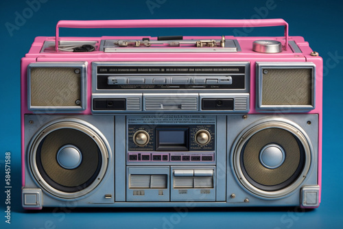 Pink retro boombox ghetto blaster , radio and audio tape recorder on blue background