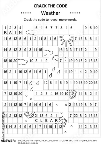 Crack the code word game, or codebreaker word puzzle, with various weather related words and phrases. Answer included.
