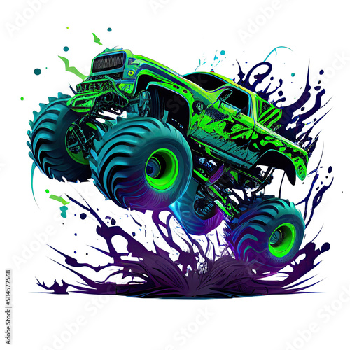 Monster Truck Jumping Illustration, Truck, Extreme Vehicle, T-shirt, Generative AI