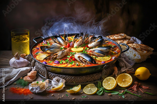 Classic dish of Spain, seafood paella in traditional pan with ingredients on rustic background - Generative AI
