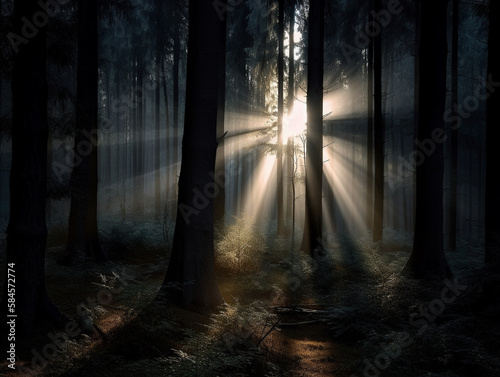 Sonnenstrahlen brechen durch das Bl  tterdach in einem dunklen  magischen Wald