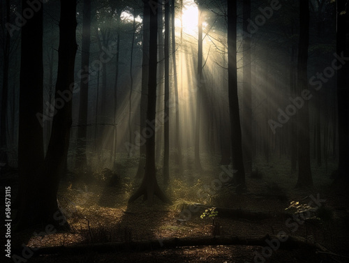 Foto Sonnenstrahlen brechen durch das Blätterdach in einem dunklen, magischen Wald