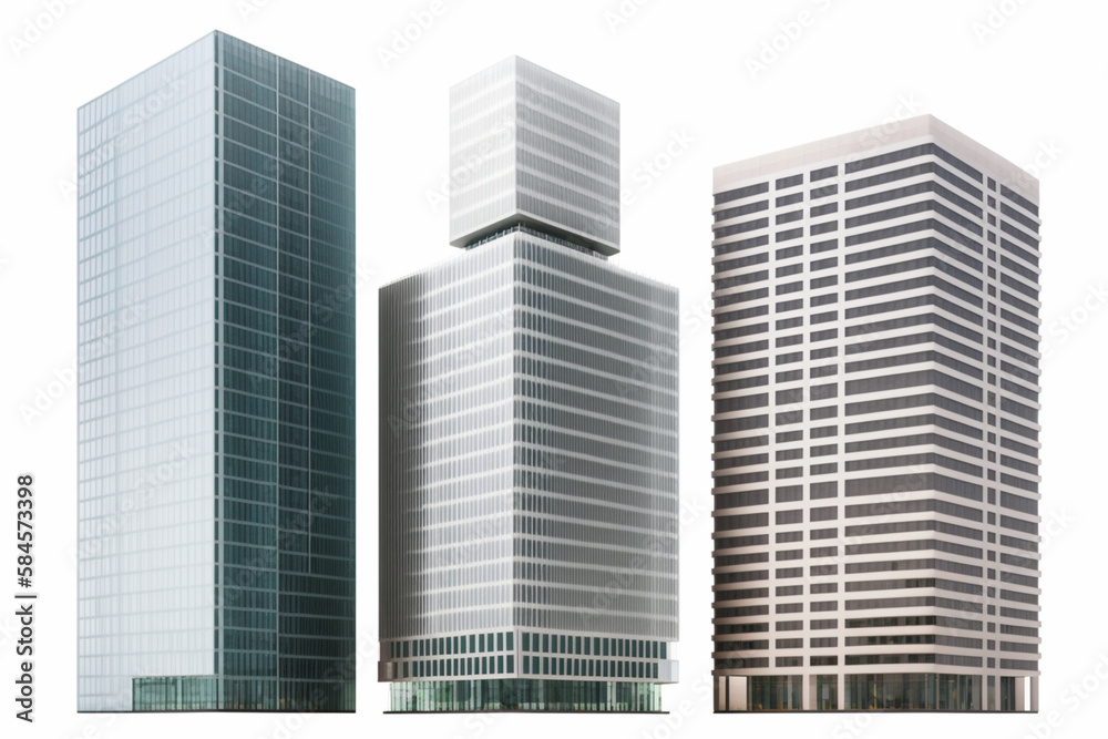 Set of different skyscraper buildings with spaces isolated on white background