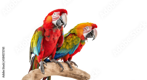 Colorful macaw parrots perched on a branch, isolated on transparent background. PNG. Blue and yellow macaw ara ararauna photo