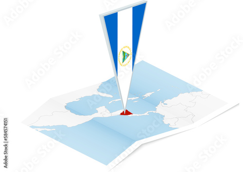 Fotografie Nicaragua map with triangular flag in Isometric style