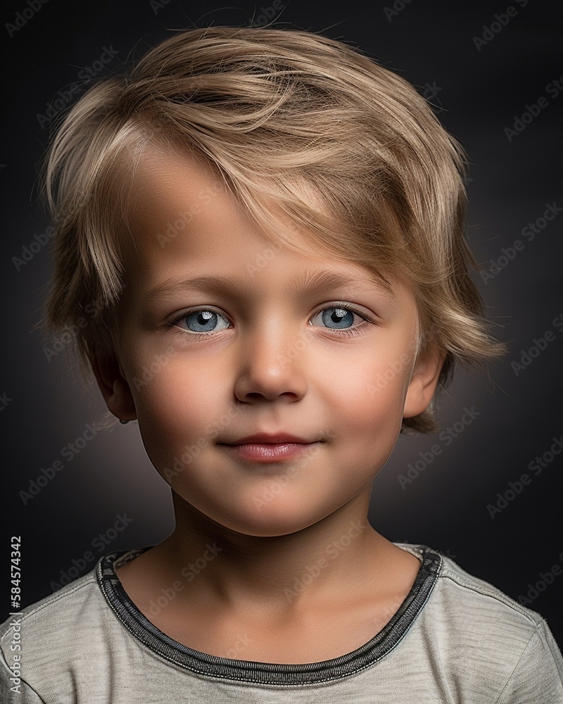 Schönes Kind Gesicht blickt in die Kamera im Fotostudio Nahaufnahme, ai generativ Schönes Kind Gesicht blickt in die Kamera im Fotostudio Nahaufnahme, ai generativ