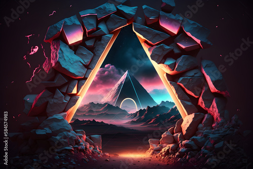 3d render, abstract background, cosmic landscape, triangular portal, pink blue neon light, virtual reality, energy source, glowing quad, dark space, ultraviolet spectrum, laser triangle, rocks, ground