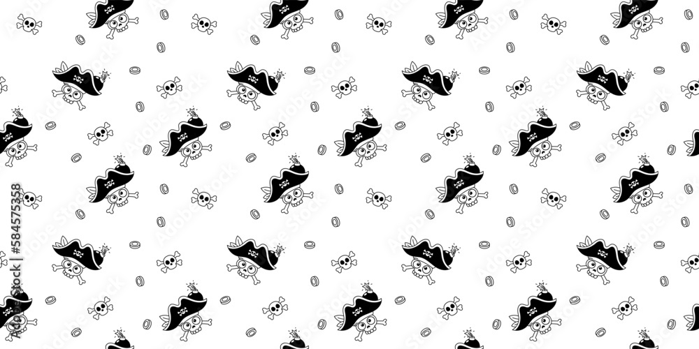 Vector seamless pattern illustration with skull of pirate in captain hat with burning bomb on white color background. Flat line art style design of seamless pattern with coin and pirate Vector seamless pattern illustration with skull of pirate in captain hat with burning bomb on white color background. Flat line art style design of seamless pattern with coin and pirate