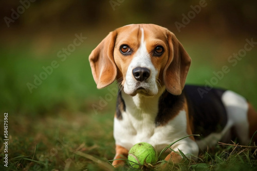 Stoic beagle with tennis ball sitting in the grass
