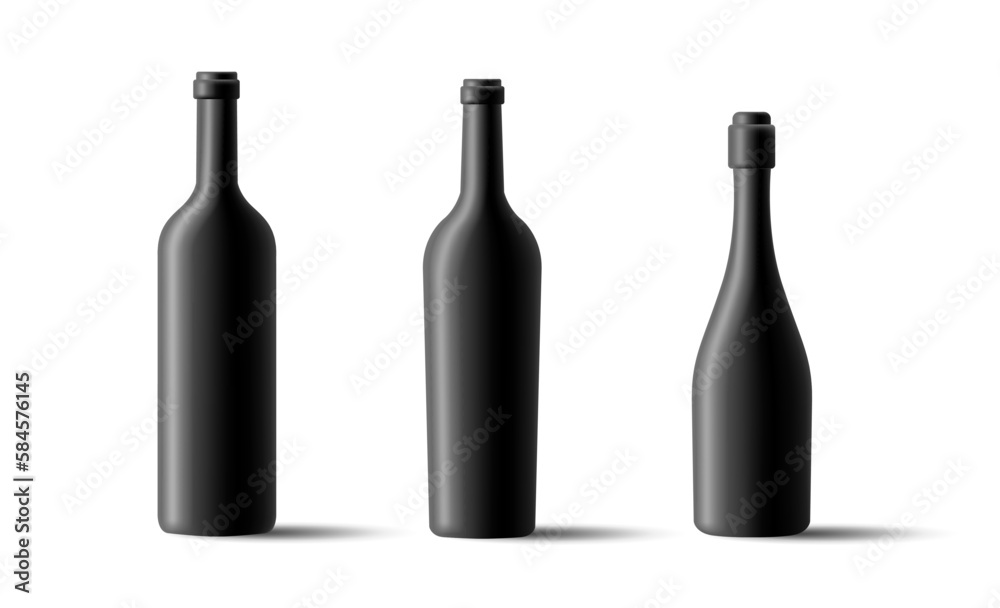 3d set of black bottles of different shapes for design and advertising of wine, sparkling wine. Modern plaque design isolated on white background. 3d set of black bottles of different shapes for design and advertising of wine, sparkling wine. Modern plaque design isolated on white background.