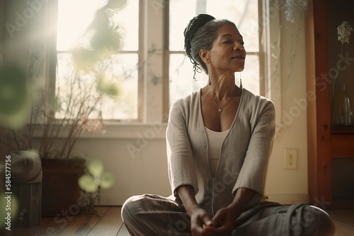 Generative AI image of a middle-aged woman meditating in a sunlit room in her home