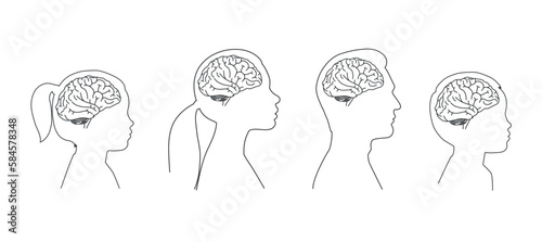 Humans brains collection - silhouettes of a man, a woman, a girl and a boy. Linear vector illustration isolated on white background