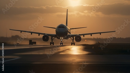 Linienflugzeug auf der Landebahn im Hintergrund die Abendsonne 