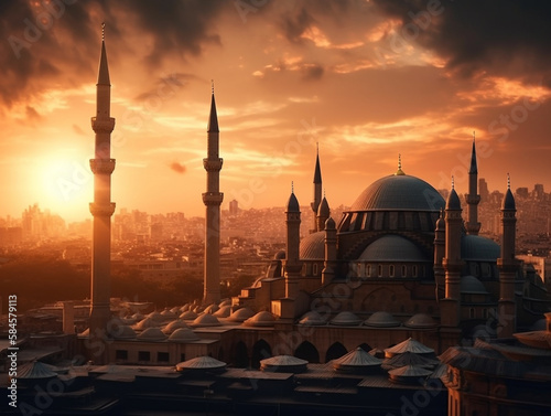 Islamic mosque dramatic sunset scene sunset view of a mosque in istanbul photo