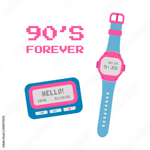 Retro watch and pager. 90s forever phrase. Cartoon vector illustration.