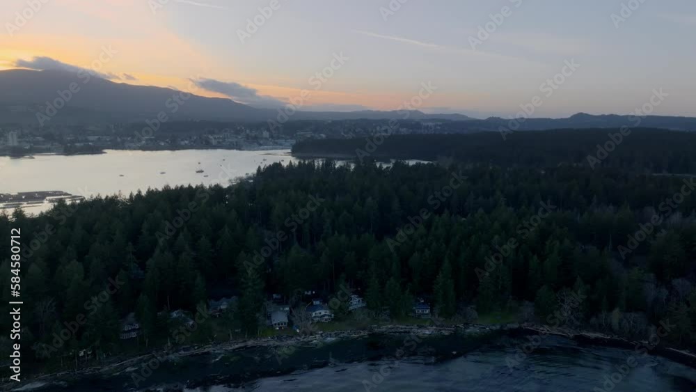 Lush Pine Trees Of Protection Island With Nanaimo City At The Background In British Columbia, Canada. Aerial Wide Shot Lush Pine Trees Of Protection Island With Nanaimo City At The Background In British Columbia, Canada. Aerial Wide Shot