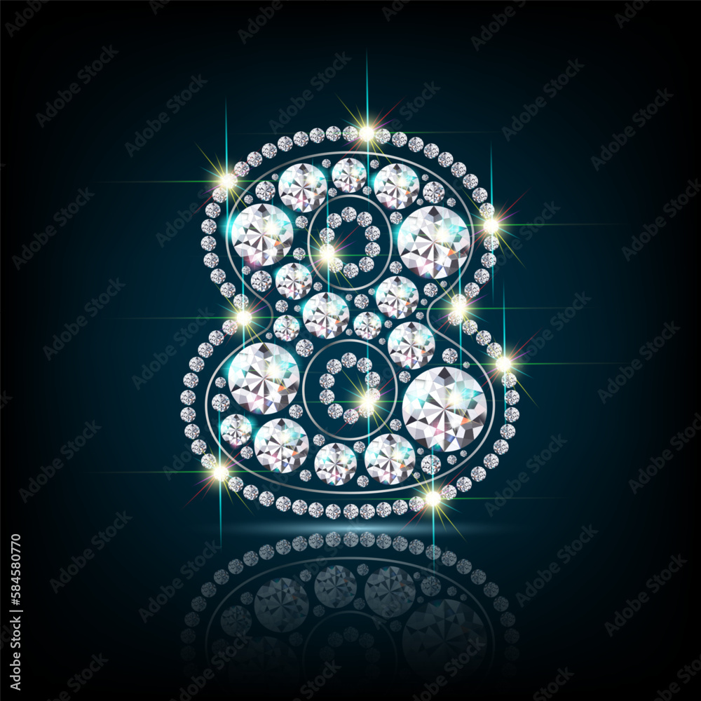 Numeral 8 (eight), a figure made of precious stones of diamonds. Jewelry with bright highlights. Realistic illustration. On a dark background. Vector.
