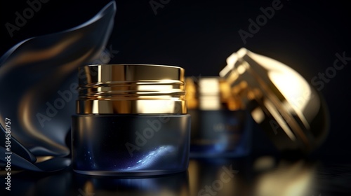 Tiegel Glasbehälter mit Kosmetik Creme in blauem Glas, ai generativ