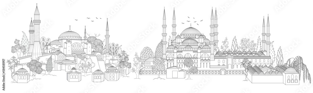 Hagia Sophia and Blue Mosque domes and minarets in the old city of Istanbul. Turkey's turning point. vector illustration Hagia Sophia and Blue Mosque domes and minarets in the old city of Istanbul. Turkey's turning point. vector illustration