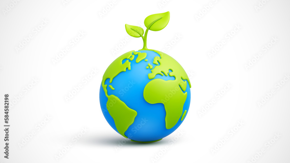 Cartoon planet Earth with green sprout and leaves on white background. Planet Earth day or Environment day concept. Save green planet concept. Vector illustration