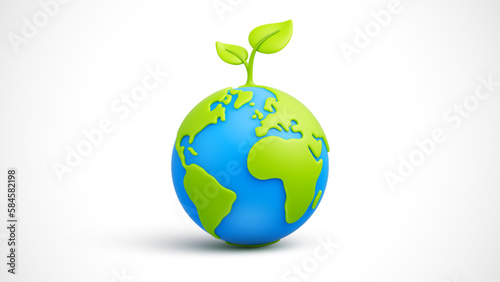 Cartoon planet Earth with green sprout and leaves on white background. Planet Earth day or Environment day concept. Save green planet concept. Vector illustration