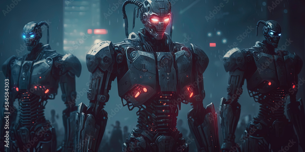 Dystopian landscape with AI robot takeover in background. Generative AI Dystopian landscape with AI robot takeover in background. Generative AI
