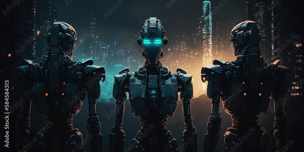 AI robot revolution in dystopian background. Generative AI AI robot revolution in dystopian background. Generative AI