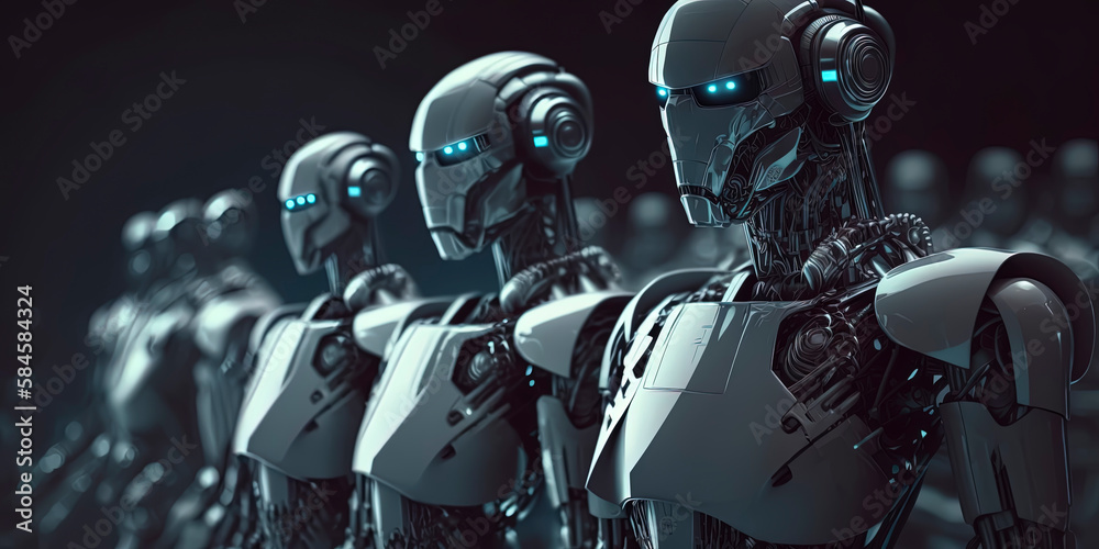 Futuristic cityscape with AI robots taking over. Generative AI Futuristic cityscape with AI robots taking over. Generative AI