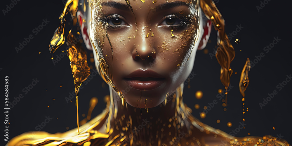 Woman with dripping gold in stunning close-up, Generative AI