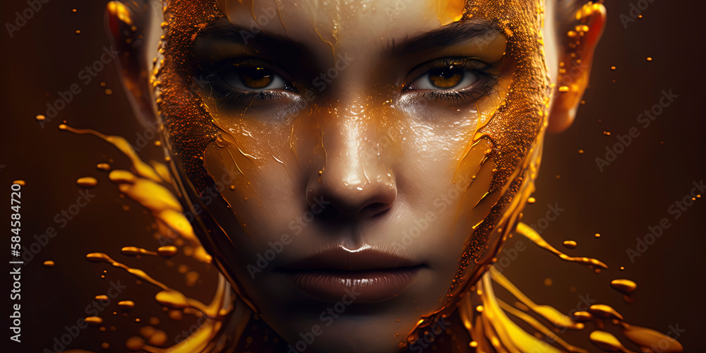 Woman with paint and golden fluid energy in honeycomb. Generative AI