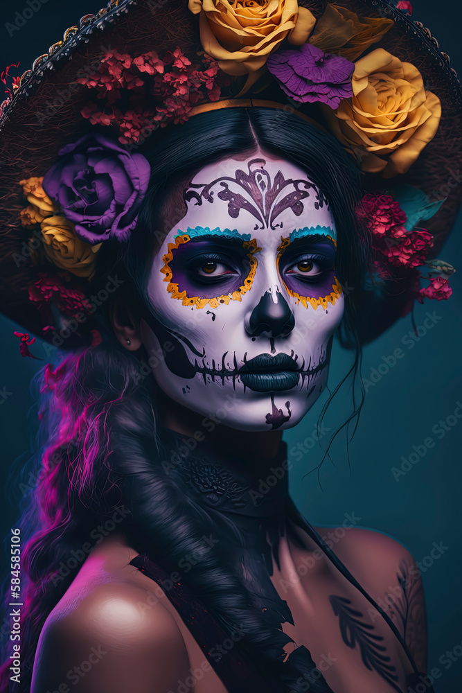 Young woman in bright colors with Day of the Dead makeup. Generative AI