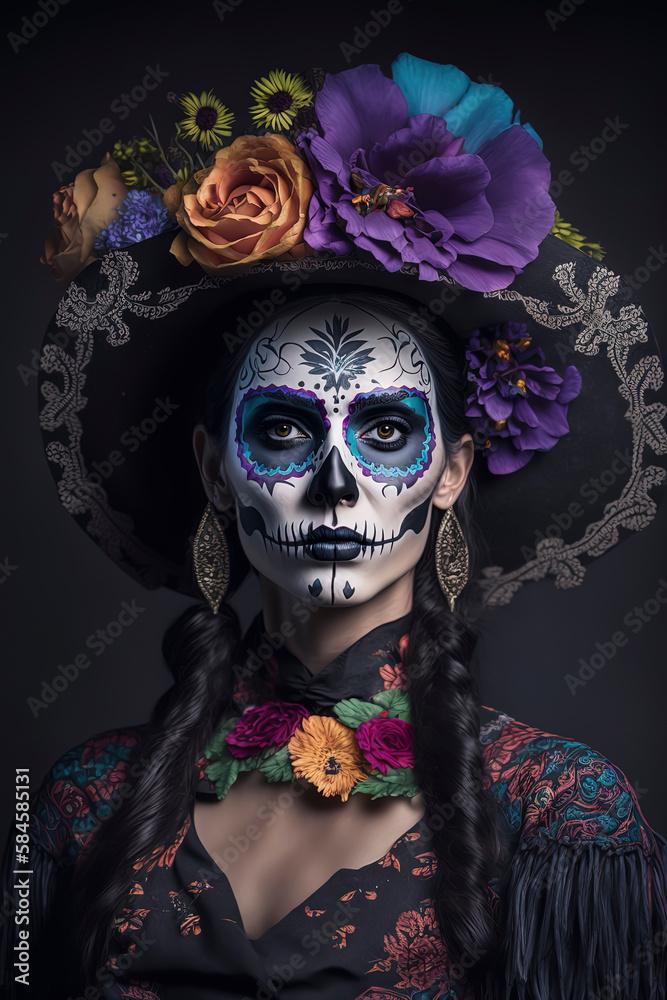 Attractive Caucasian woman with bold Day of the Dead makeup. Generative AI