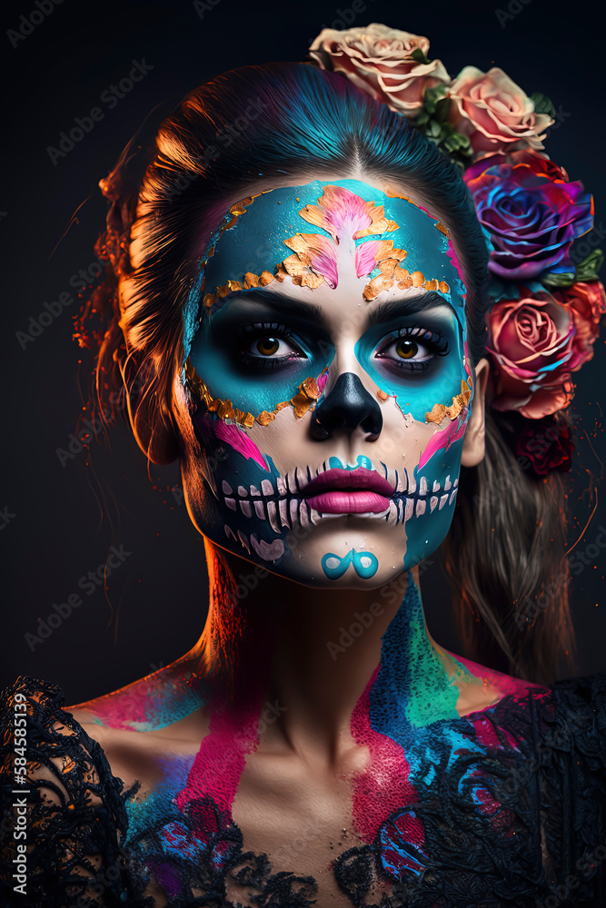 Vibrant Day of the Dead makeup on beautiful woman. Generative AI