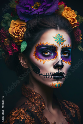 Vibrant Day of the Dead makeup on attractive Caucasian woman. Generative AI