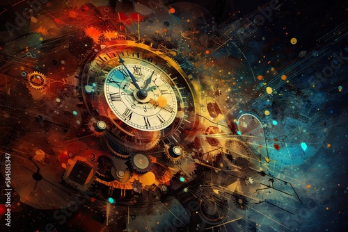 Clock and clock mechanics in space. Futuristic abstract background. Vibrant colors. Generative AI illustration. Time and universe concept
