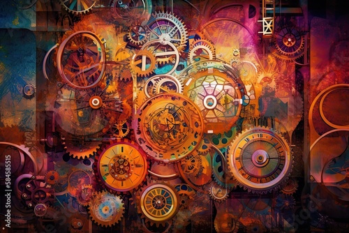 Clock and clock gears in space. Futuristic abstract background. Vibrant colors. Generative AI illustration. Time and universe concept