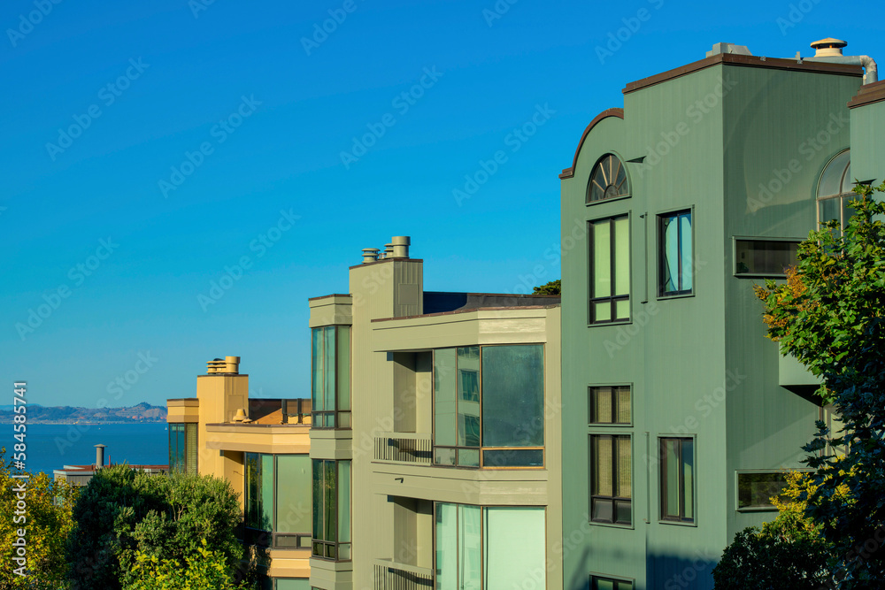 Row of modern townhomes and houses in the historic districts of downtown san francisco california neighborhood