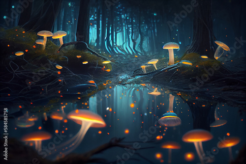 Mushroom kingdom illuminated by fireflies. AI Generated ©  iiulia