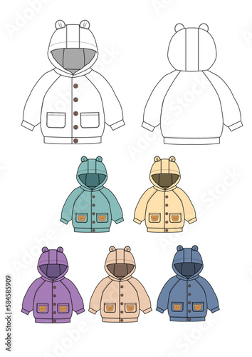 Kid jacket technical fashion illustration with pockets, buttons, oversized, long sleeves. Flat coat template front, back, five colors