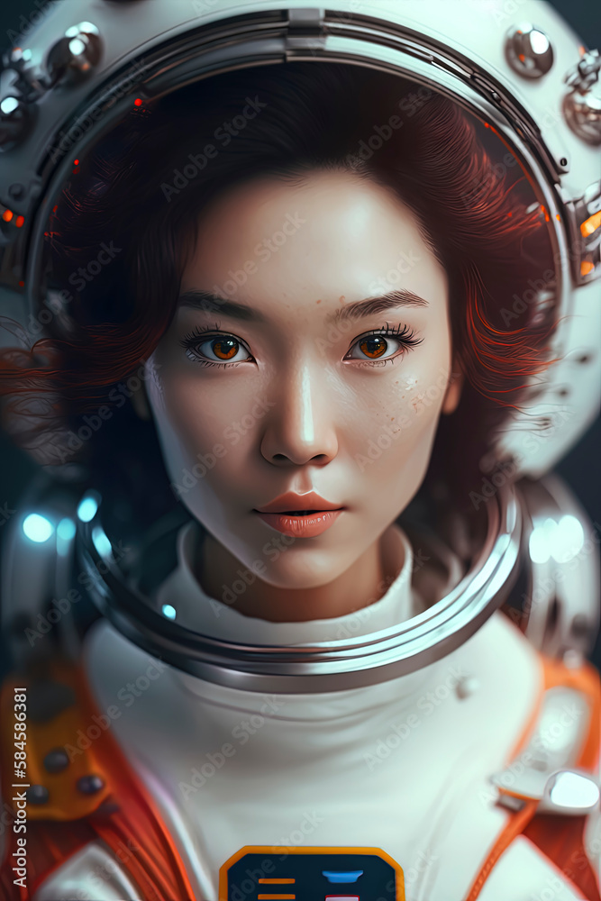 Cute woman in South Korean space suit close-up. Generative AI