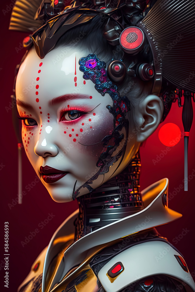 Bold cyberpunk geisha with striking red accents. Generative AI