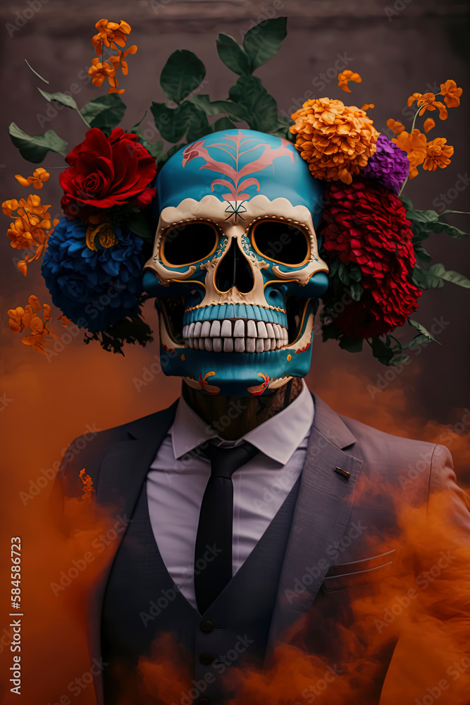 Dapper Day of the Dead skull in a suit with floral headpiece. Generative AI Dapper Day of the Dead skull in a suit with floral headpiece. Generative AI