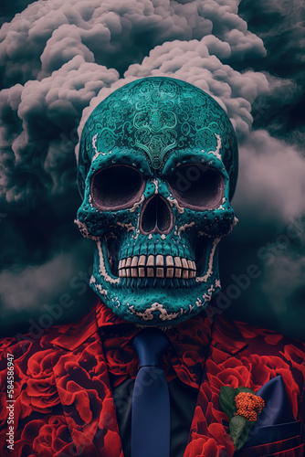 Day of the Dead skull with flowers and suit, in a smoky setting. Generative AI