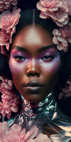 Iridescent peach blossoms inspire black woman editorial. Generative AI